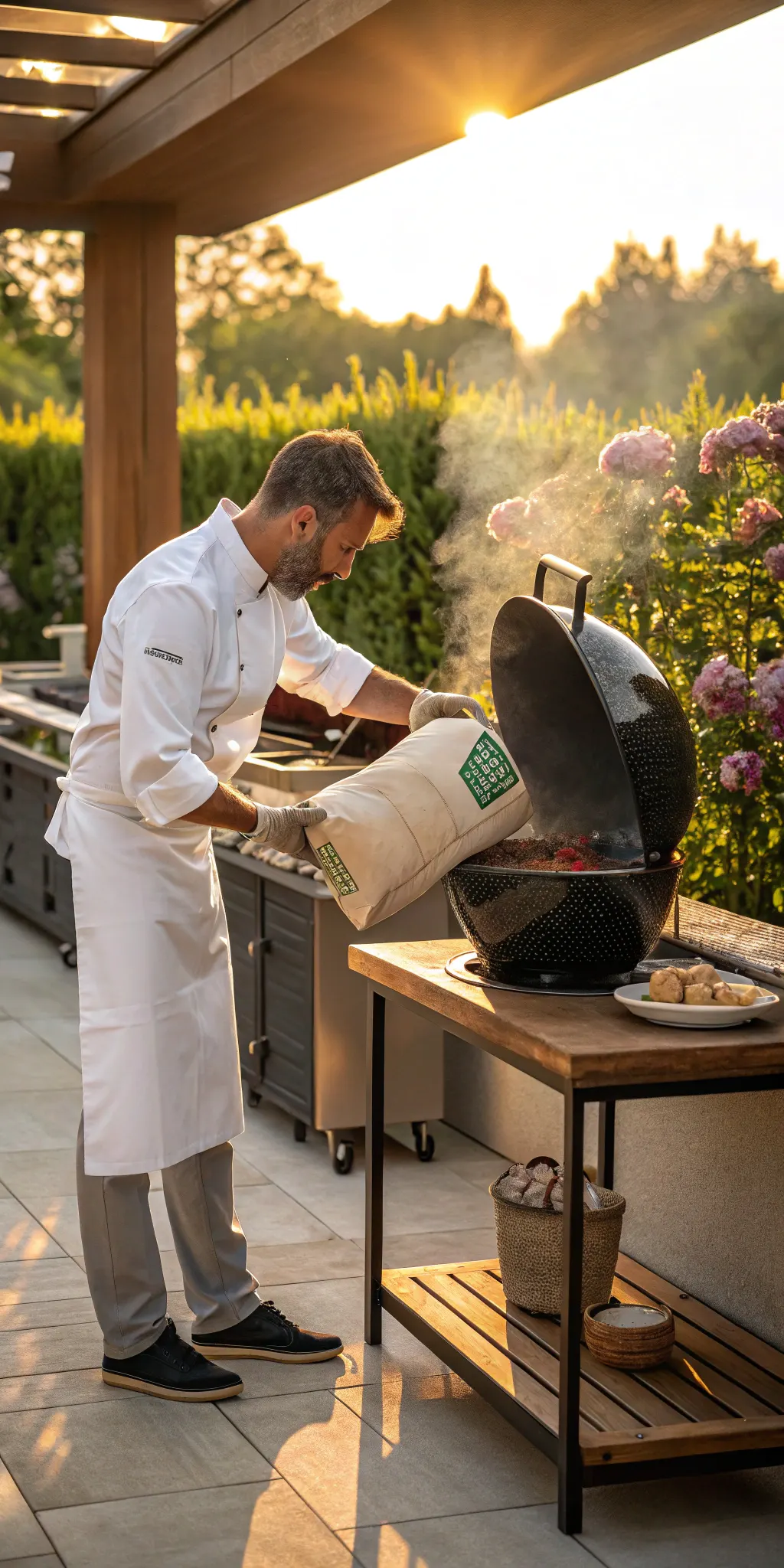 Chef schenkt houtskool in de kolenmand van een kamado
