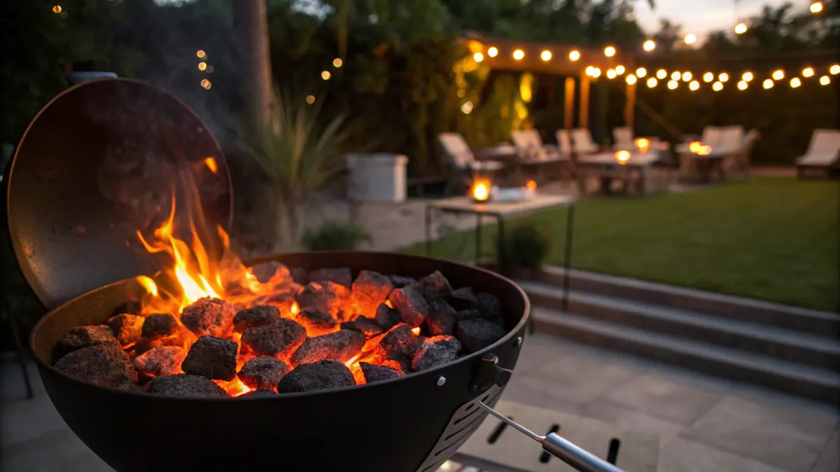 Gloeiend kolenbed in een kamado, klaar om de temperatuur mee te regelen