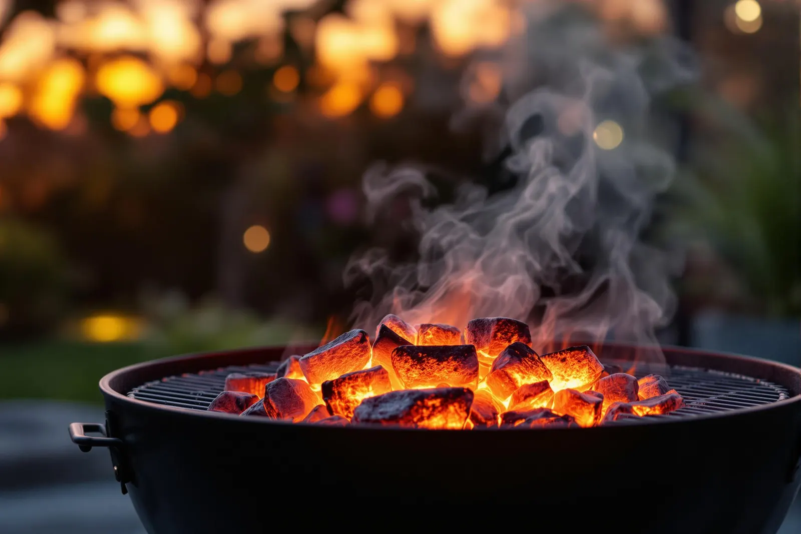 Gloeiende houtskool in het vuurbed van een keramische kamado